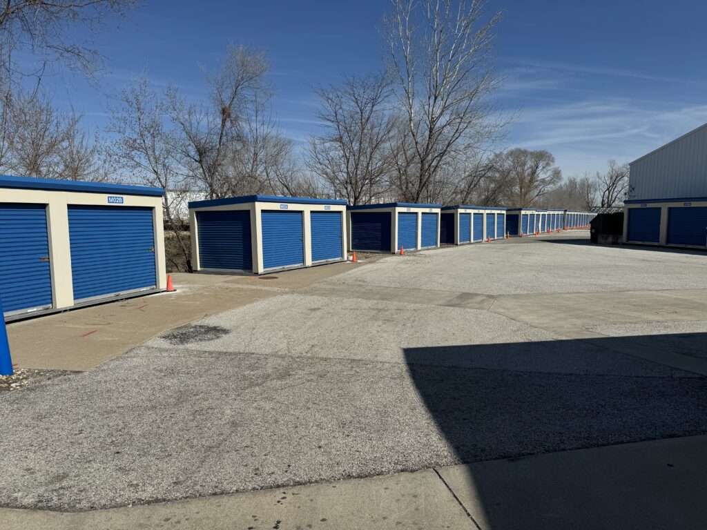 Multiple 10' x 10' or 10' x 20' drive-up modular self-storage units at Quad Cities Self-Storage in Davenport, Iowa.